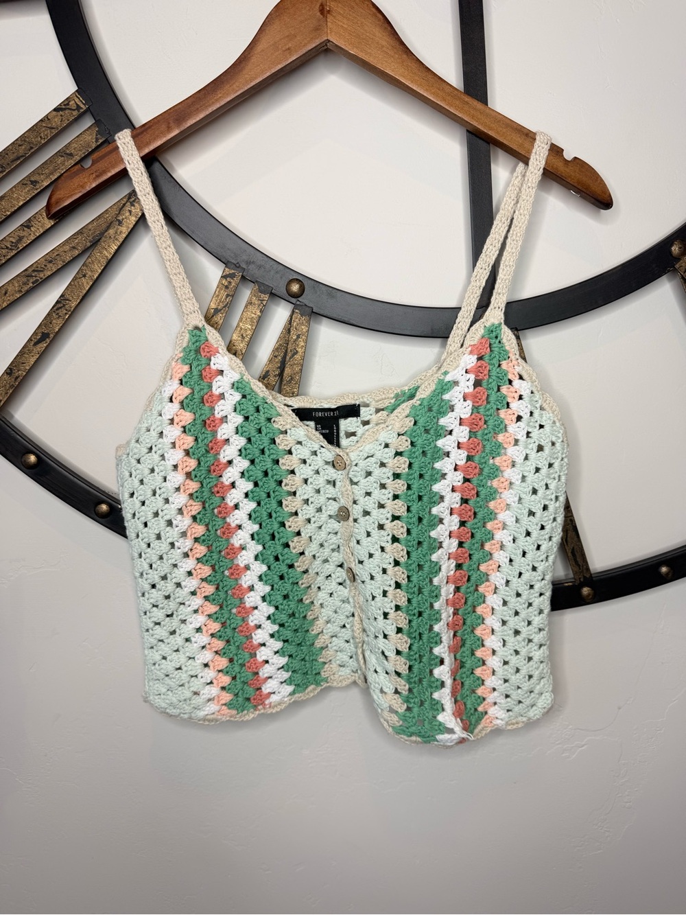 Forever 21 Crochet Striped Camisole in Cream, Green & Pink